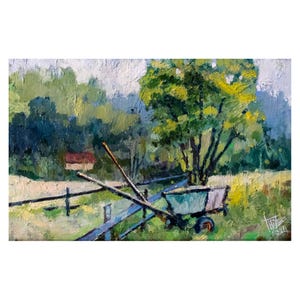 ウクライナの緑の自然の油絵風景画、古い木製のカート、大きな緑の木の絵、野原と森の油絵、油絵風景画
