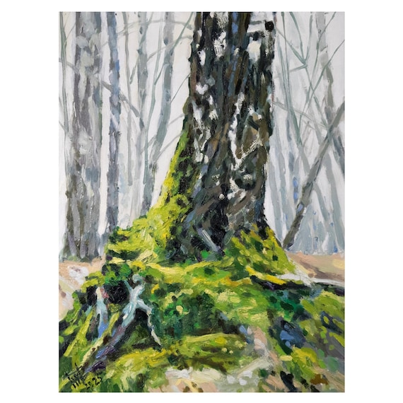 白樺の幹に生える緑の苔（ハードボードに油絵）、森の中の古い木の油絵