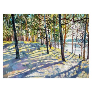 Bosque de pinos en pintura al óleo con luz brillante, arte ucraniano, un bosque con árboles altos, bosque verde fresco con pintura de sombras saturadas