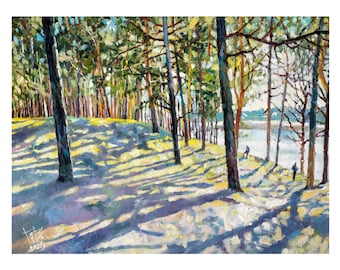 Kiefernwald in hellem Licht Ölgemälde, Ukrainische Kunst, Ein Wald mit hohen Bäumen, Grüner frischer Wald mit satten Schatten Gemälde