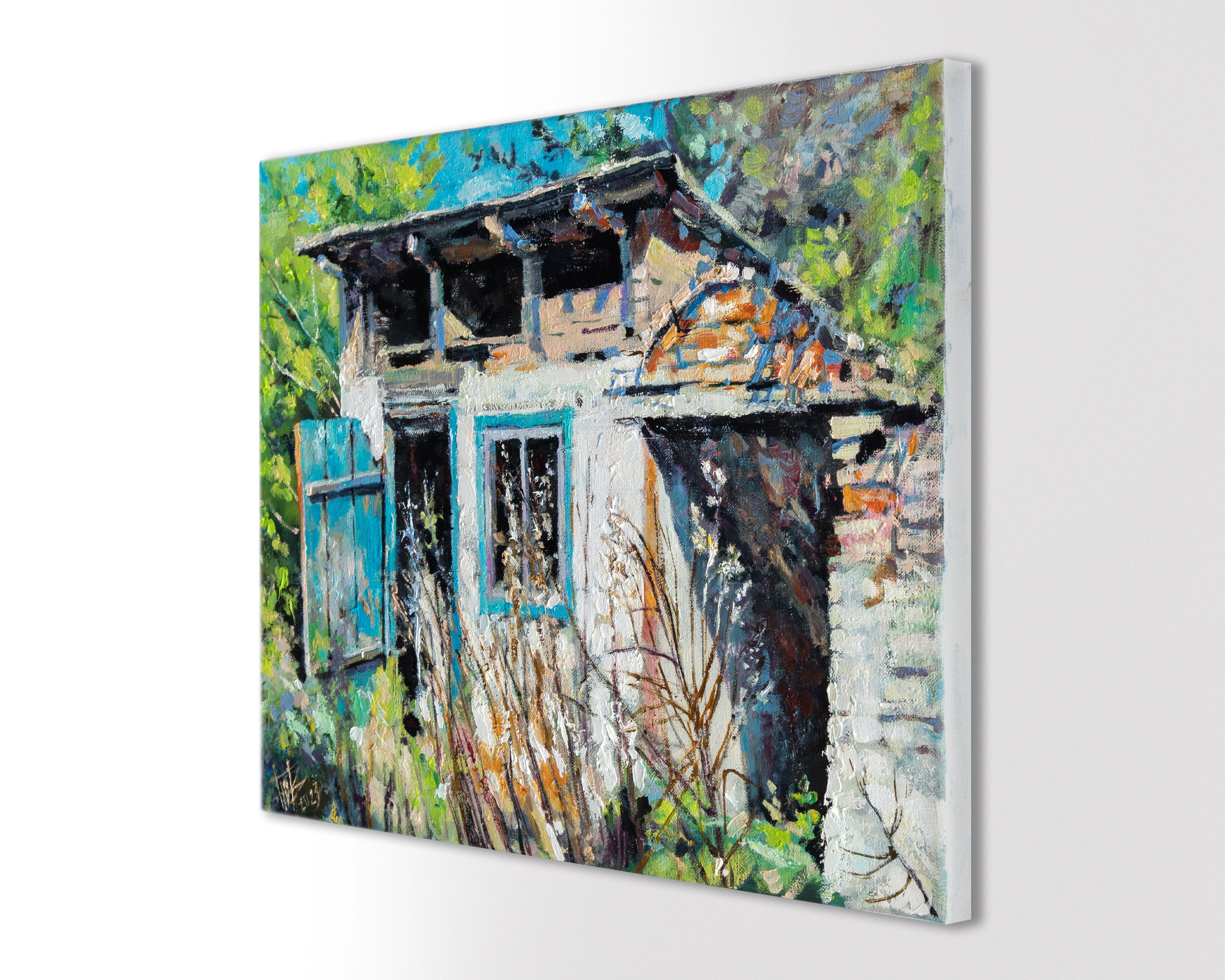 白い廃墟となった納屋の油絵、キャンバスに描かれた小屋の油絵、納屋の