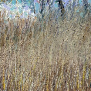 May include: A close-up of a painting depicting a field of tall, dry grass in shades of brown, beige, and yellow. The grass is painted with thick strokes, giving it a textured appearance.