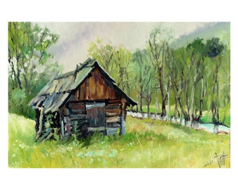 Old wooden barn near the forest river in Carpathian mountains oil painting, Ukrainian art, Original Mountain landscape, Farm house art