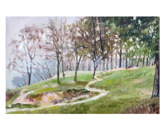 May include: A painting of a winding path through a forest with trees in the background. The path is light brown and the forest is green and brown. The sky is a light blue.