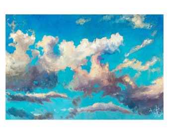 Clouds oil painting, Clouds in the blue sky, Original landscape oil painting, Oil on hardboard, Sky oil art, Bright painting, Oil study