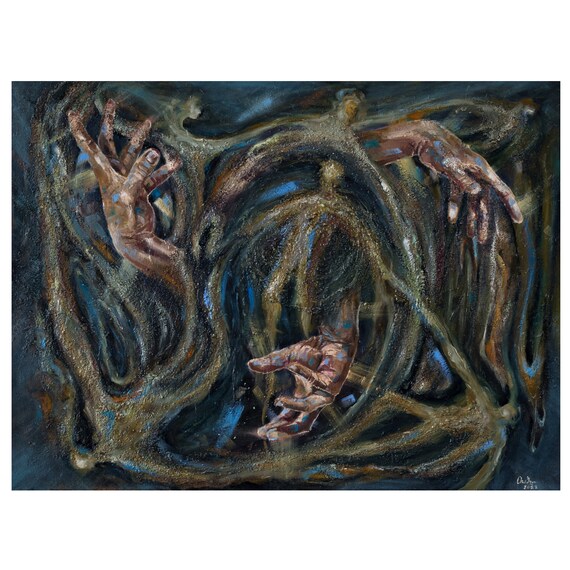 嵐の中を描いた抽象画、キャンバスに描かれた油絵、手と影のアート