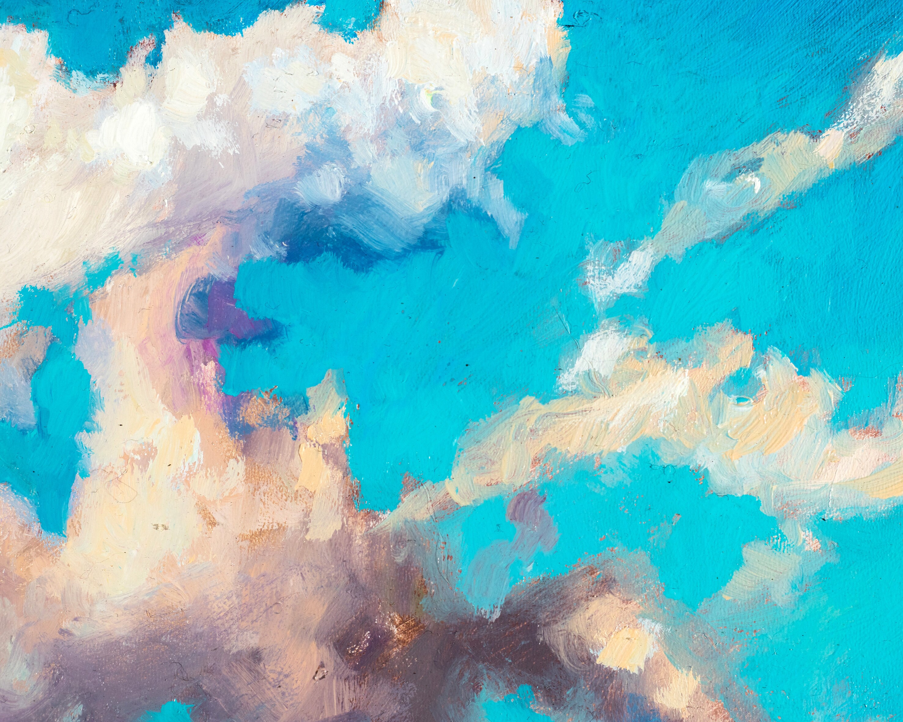 雲の油絵、青空の雲、オリジナルの風景油絵、ハードボードの油絵、空の