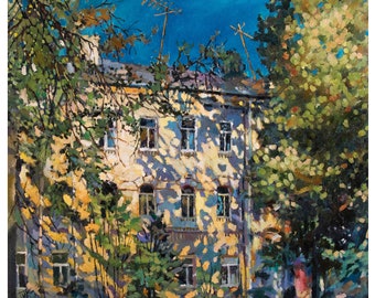 The house behind the treetops oil painting, Old house painting, Ukrainian oil art, Early autumn, Deep shadows