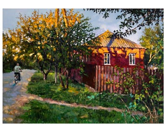 Red house oil painting, Ukrainian house oil art, Trees near the house, Evening in the village, Sunset oil art