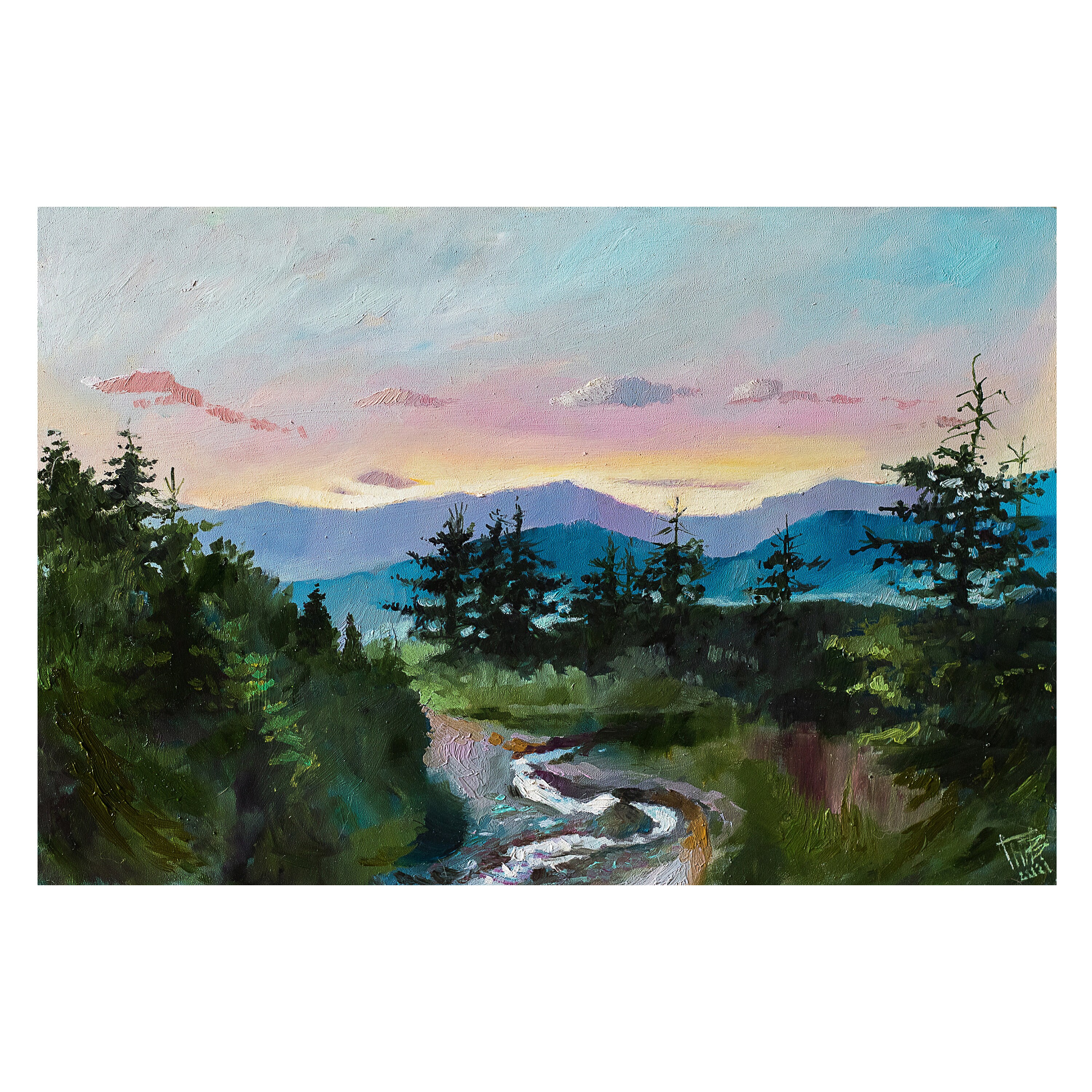 Bright evening clouds in the Carpathian mountains oil painting, Sunset oil art, Original landscape painting, Sky oil art, Bright painting