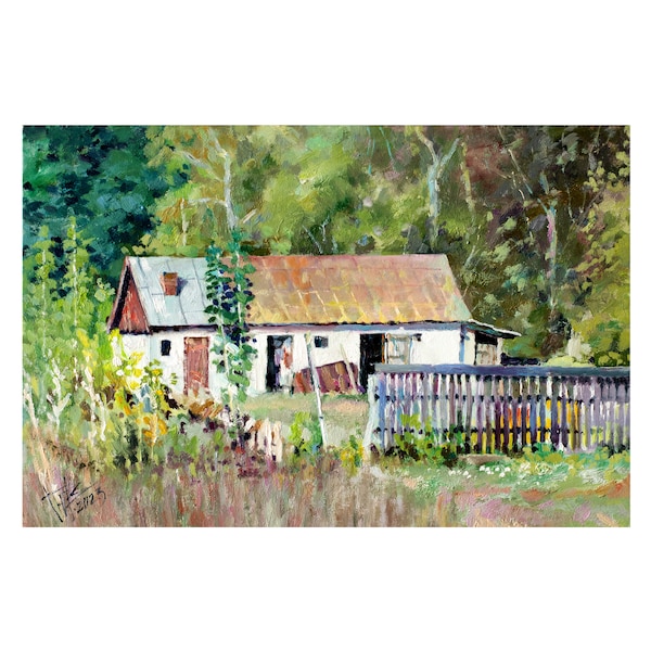 Ukrainian village yard with an old fence, Old white barn oil painting, Rural nature oil art, A white shed in a rural yard