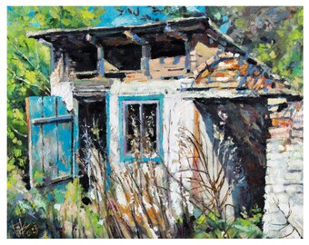 White abandoned barn oil painting, The shed oil on canvas, Original oil painting of barn, Original art, Canvas painting