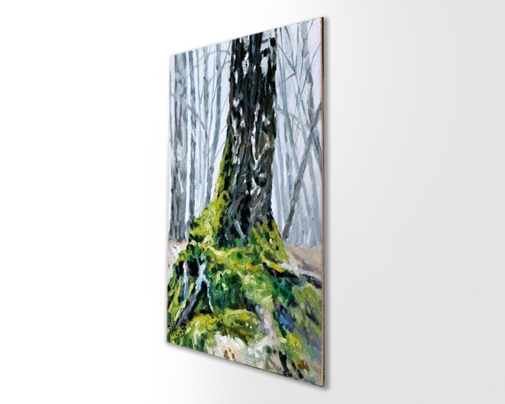白樺の幹に生える緑の苔（ハードボードに油絵）、森の中の古い木の油絵
