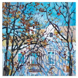 Beautiful autumn and shadows from trees oil painting, Ukraine landscape painting, Oil on hardboard, Tree branches on a clear day