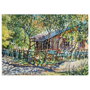 The shimmer of a summer day Ukrainian art, A tree near the house oil on canvas, Ukrainian oil painting, Old wooden house art, Noon shadow
