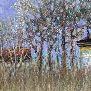May include: A painting of a winter landscape with a house in the background. The trees are bare and covered in snow, and the sky is a pale blue. The house is a simple structure with a brown roof and white walls.