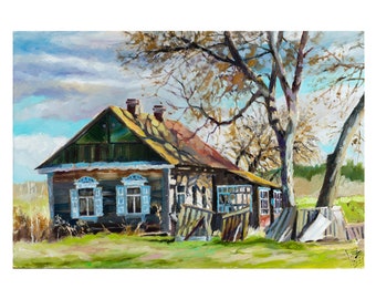 Ein Haus mit blauen Fensterläden Ölkunst, traditionelles Ukrainisches Holzhaus-Ölgemälde, Originaler Garten mit Hausgemälde