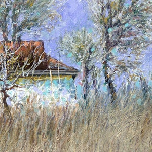 May include: A painting of a house with a brown roof and white walls, surrounded by trees and tall grass. The trees are bare and the grass is a light brown color. The sky is a light blue color.
