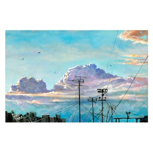 Ukrainian Blue sky, Clouds oil painting, Evening sky painting, Power line painting, Purple cloud, Bright painting, Clouds in the sky