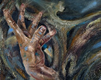 嵐の中を描いた抽象画、キャンバスに描かれた油絵、手と影のアート