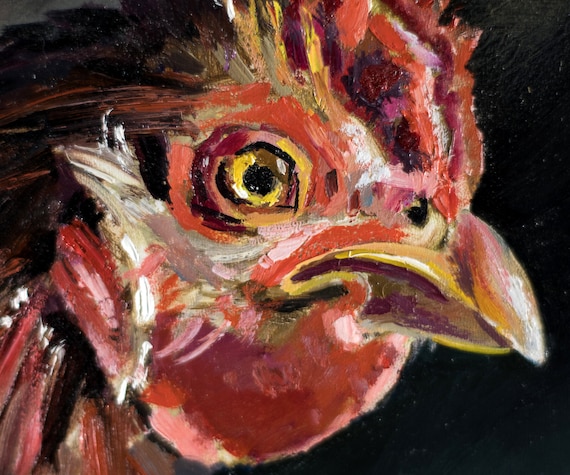 赤い鶏の油絵、オレンジ色の鶏の絵、鶏、雄鶏、卵の三連画、鶏の家族