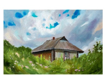 Old wooden farm house in the mountains painting, Ukrainian Carpathian oil art, Oil on hardboard, Original Mountain landscape, House portrait