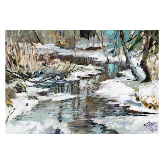冬の川の油絵、油絵の風景、冬の川の油絵、明るい冬の油絵、春の 冬の川の油絵、油絵の風景、冬の川の油絵、明るい冬の油絵、春の