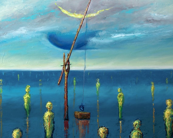 オリジナルのシュルレアリスムアート、海の幽霊の油絵、コンセプ
