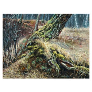 May include: An oil painting depicts a fallen tree trunk covered in green moss and surrounded by dry grass. The artwork features a muted color palette of browns, greens, and blues, with a forest background.