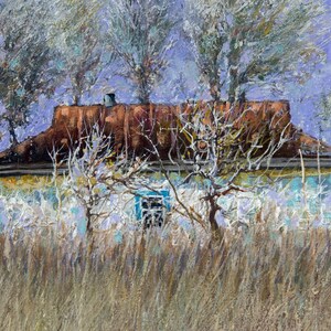 May include: A painting of a small, white house with a brown roof. The house is surrounded by trees and bushes. The sky is a light blue color.