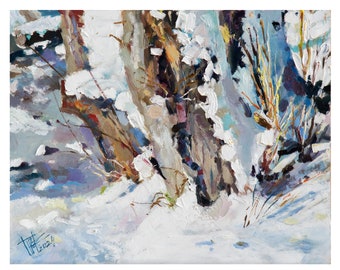 Ein alter Baum unter einer Schneeschicht Ölgemälde, Winterlandschaft, Alte Waldmalerei, Öl auf Hartfaser