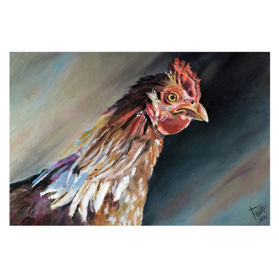 赤い鶏の油絵、オレンジ色の鶏の絵、鶏、雄鶏、卵の三連画、鶏の家族