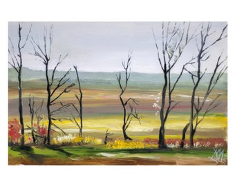 Autumn landscape, Original landscape oil painting, Oil on hardboard 7.5x11.5", Bright painting, Original oil art, Oil study