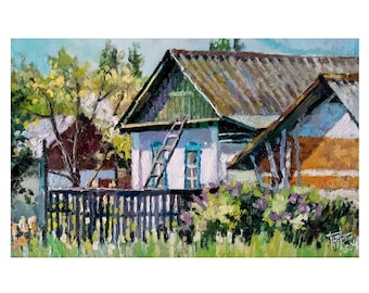 Hof mit einem weißen Hausöl auf Hartfasermalerei, Sonniger Tag, Originale Landschaft, Holzzaun im Hof