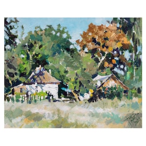 Ukrainian old house oil painting, Old white house oil painting, A house among trees painting, Trees oil art, Bright painting