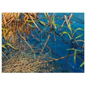 Water reeds oil painting, Blue water in the river oil art, Transparent water, Plants in water oil art