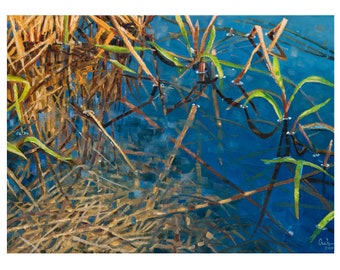 Water reeds oil painting, Blue water in the river oil art, Transparent water, Plants in water oil art