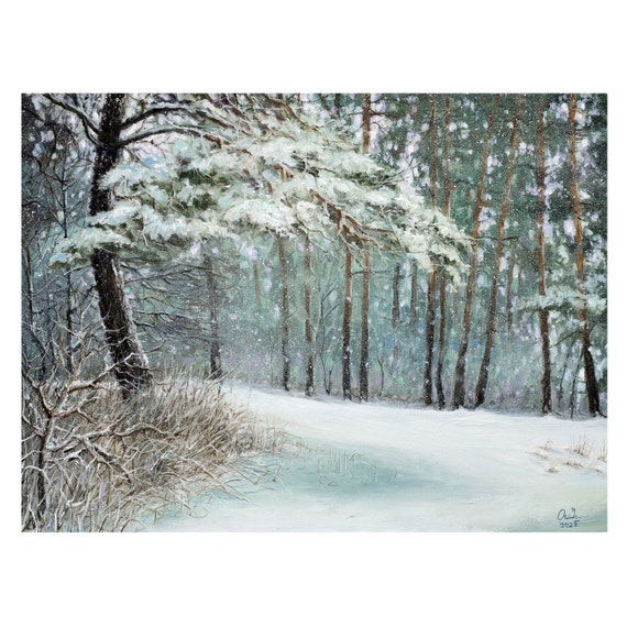 冬の森の油絵、ウクライナの芸術、冬の松林の油絵、冬の雰囲気の絵画