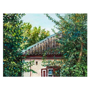 Pintura al óleo de una casa de pueblo entre árboles, arte al óleo original ucraniano, naturaleza de verano, pintura de ventanas con contraventanas