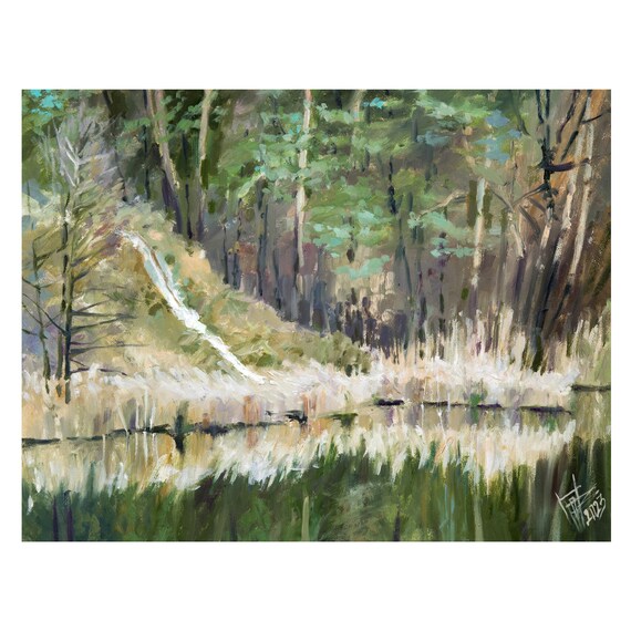 油絵 絵画 森と川