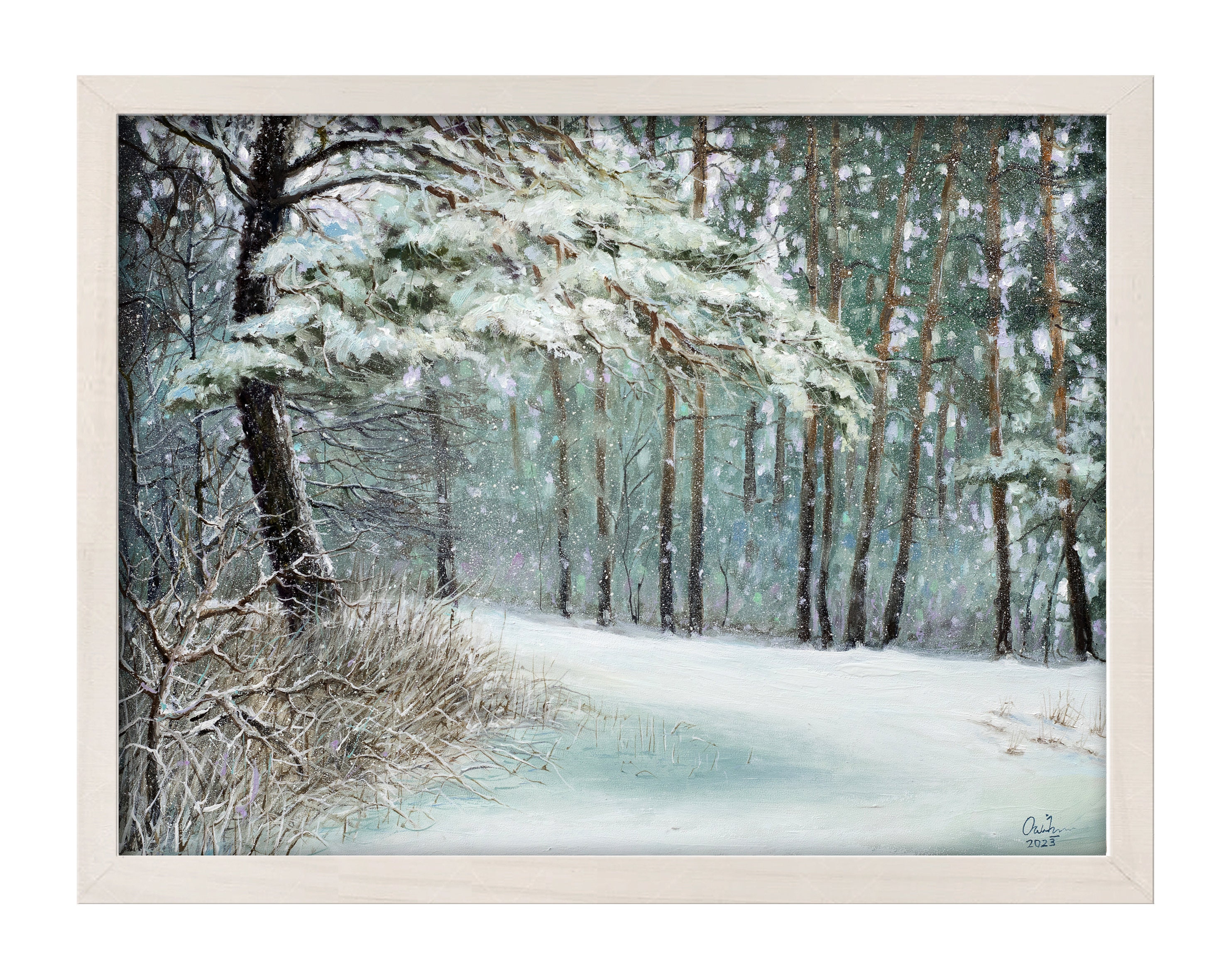 冬の森の油絵、ウクライナの芸術、冬の松林の油絵、冬の雰囲気の絵画