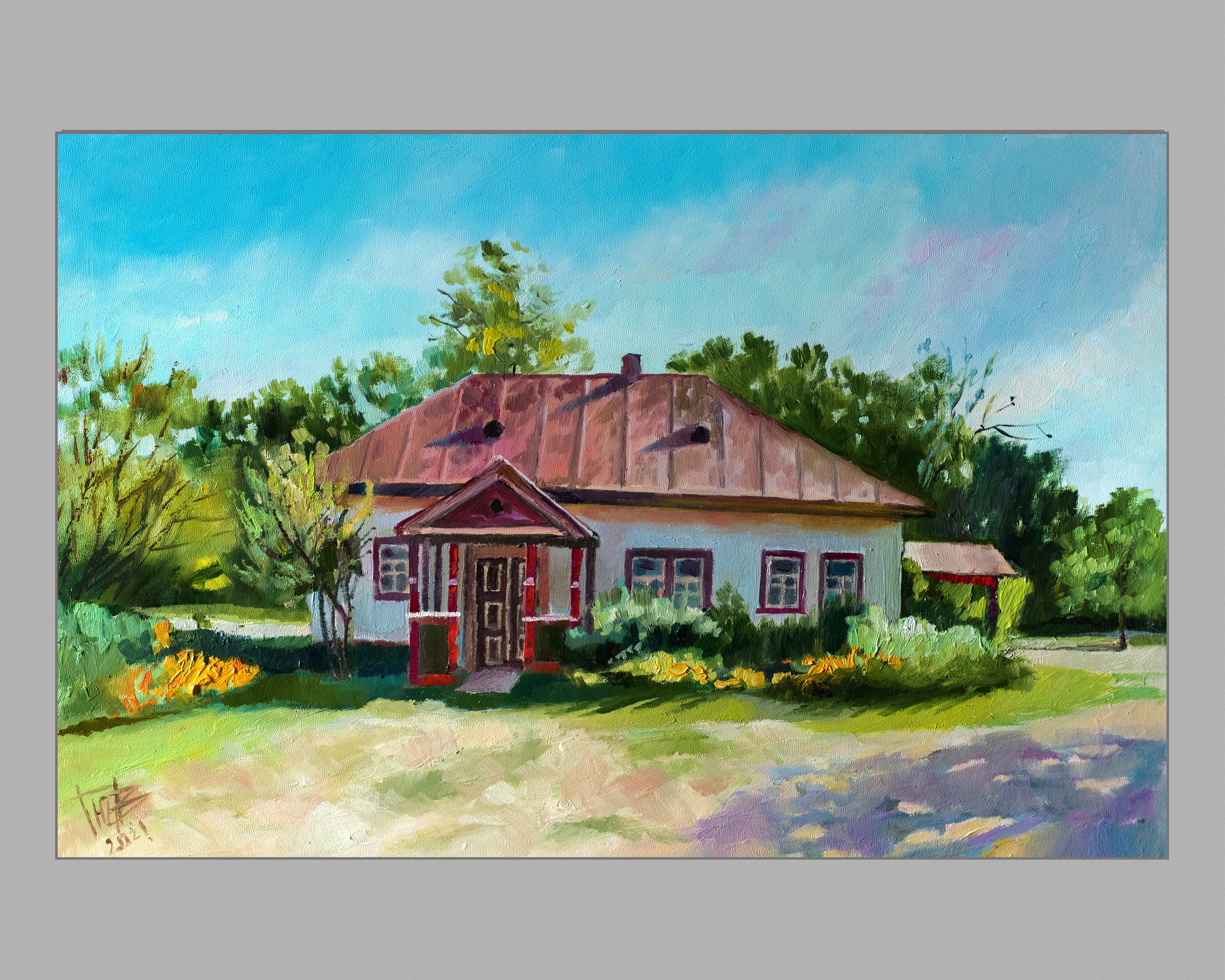 Old House with a red roof oil painting Village landscape | Etsy