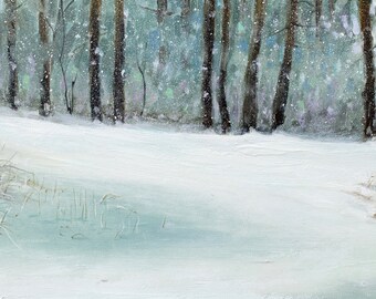 冬の森の油絵、ウクライナの芸術、冬の松林の油絵、冬の雰囲気の絵画