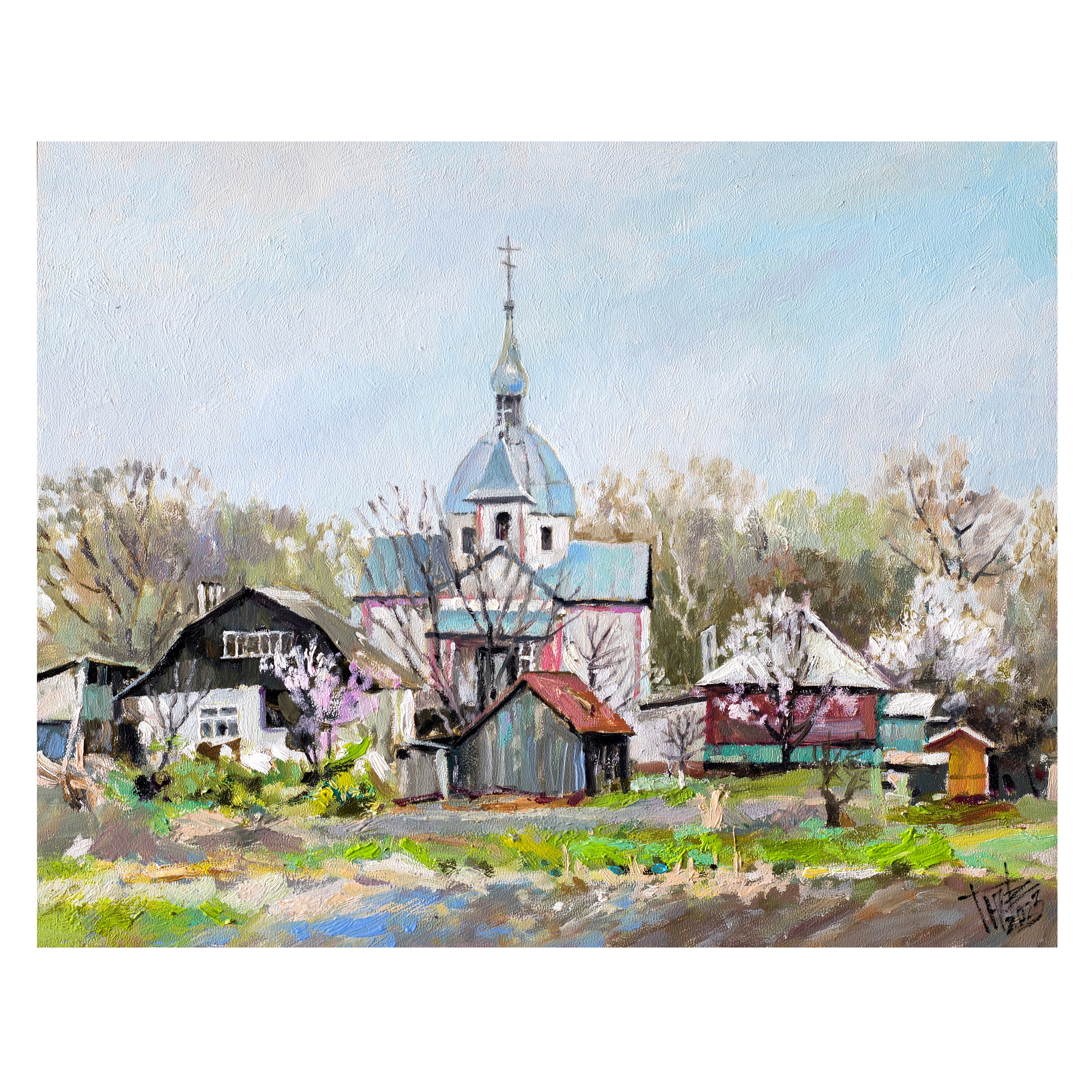 Ukrainische Dorflandschaft, Frühlingslandschaftsölgemälde, Ländliche Naturölkunst, Kirche im Dorf