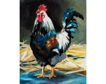 Coq d'art à l'huile coloré, peinture à l'huile de coq, coq noir, peinture le coq dans la cour, huile sur panneau dur, peinture à l'huile de coq lumineuse