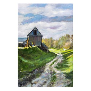Road in the Ukrainian village oil painting, Rural oil landscape, Wooden barn oil artwork, Green road painting, Dirt road oil painting