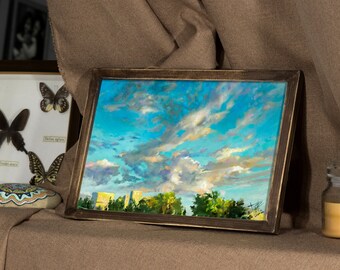 青空、雲の油絵、夕空の絵、空の油絵、明るい絵、空の雲、油絵の習作