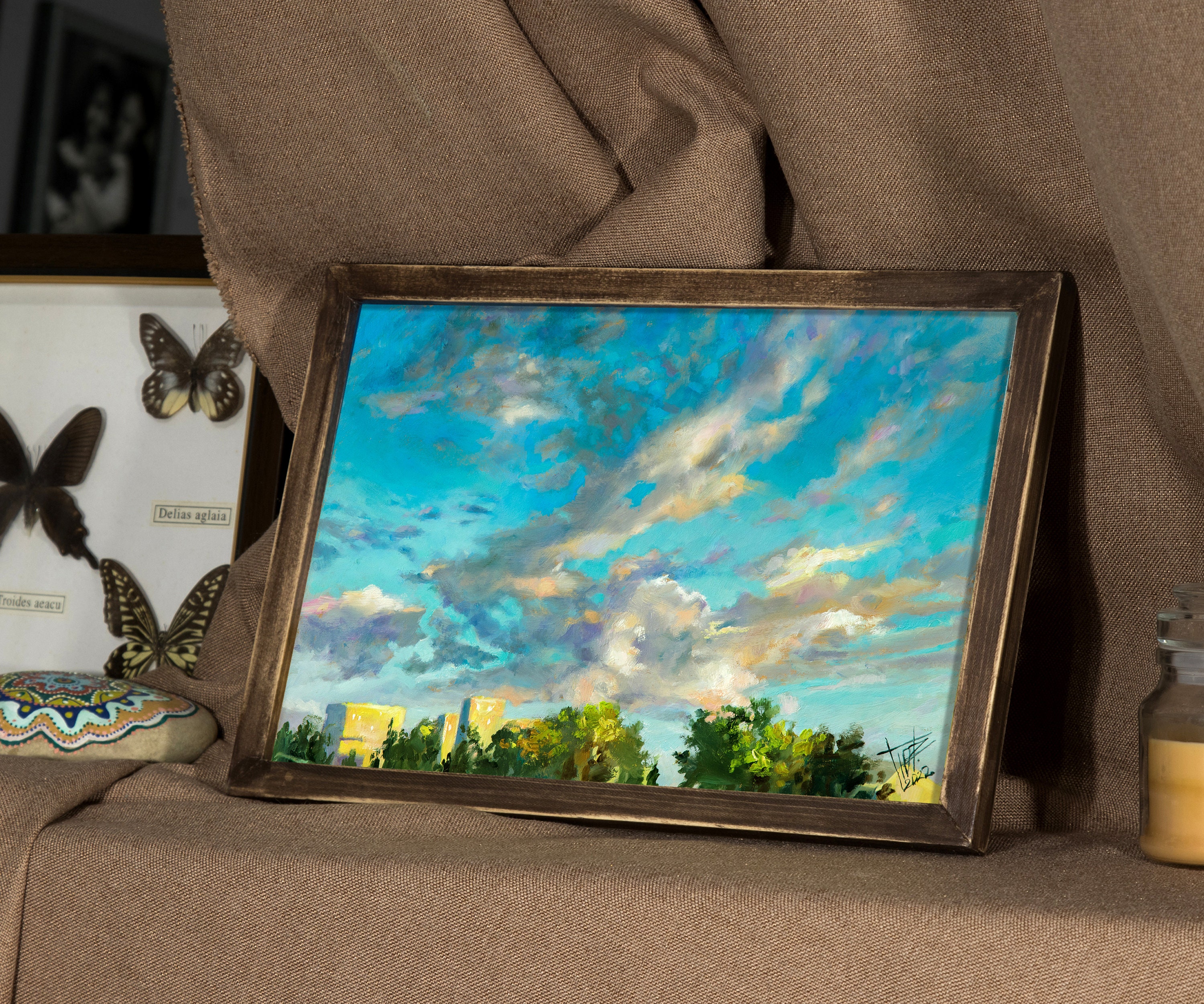 青空、雲の油絵、夕空の絵、空の油絵、明るい絵、空の雲、油絵の習作