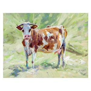 A cow in the field oil painting, Light brown cow with white spots oil art, A cow on a pasture art, Cow&#39;s pink udder on hardboard