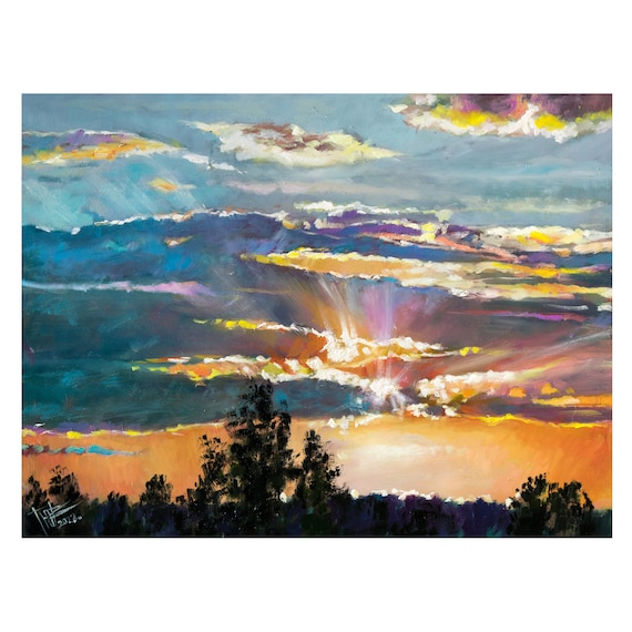 夕空に』絵画 直径25㎝「夕空2」油彩・絵画・原画・丸形・アート